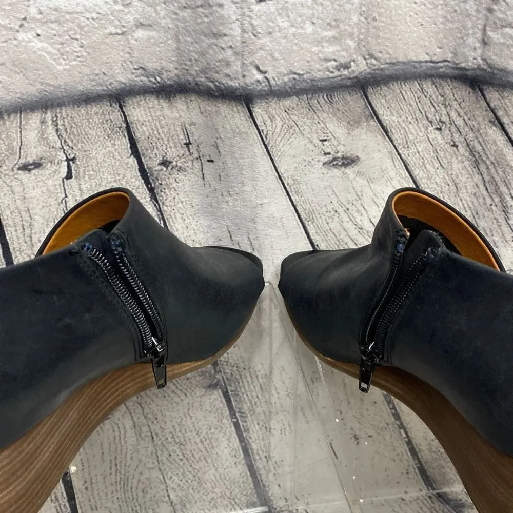Lucky‎ Brand Jaxy  Leather Open Peep Toe Wedge Sandal Black 7.5 New